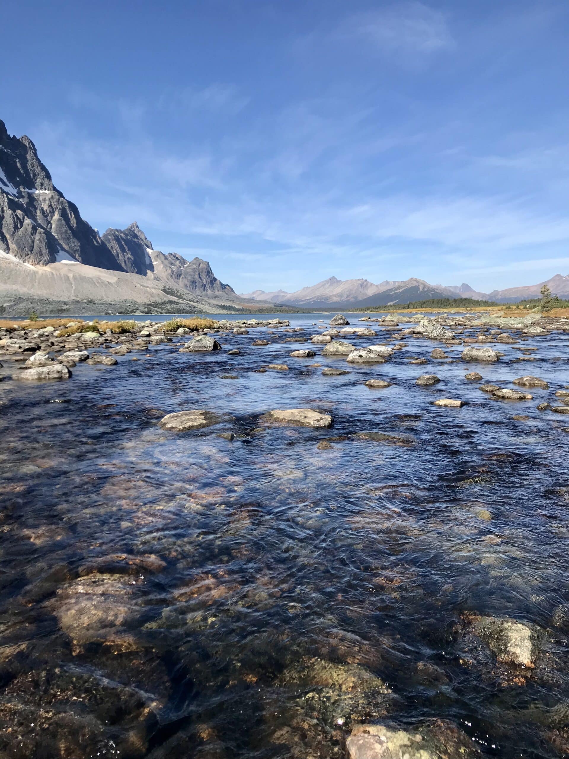 tonquin valley, river flowing rocks and moutains in background