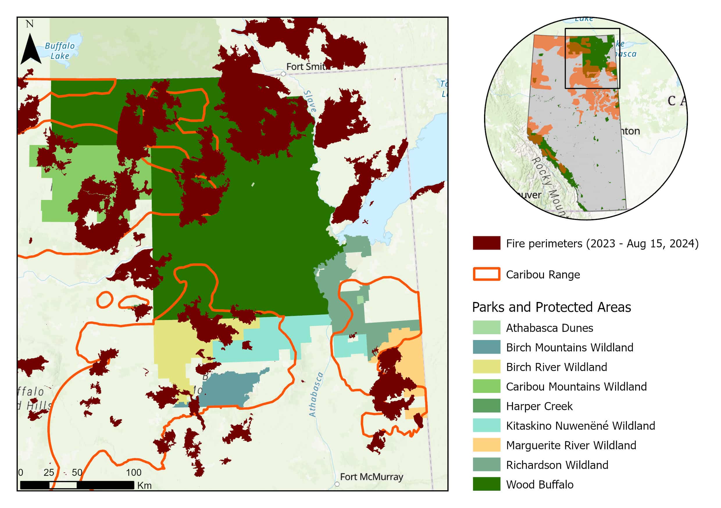 2023-2024 Fire perimeters in northeast Alberta, overlapped with caribou ranges