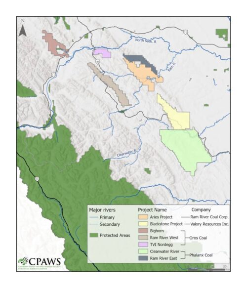 Areas within the Bighorn region where coal companies have indicated project interest and have coal leases covering all or part of the area. Project boundaries have been drawn from current coal agreement boundaries and investor presentations available on the respective company websites.