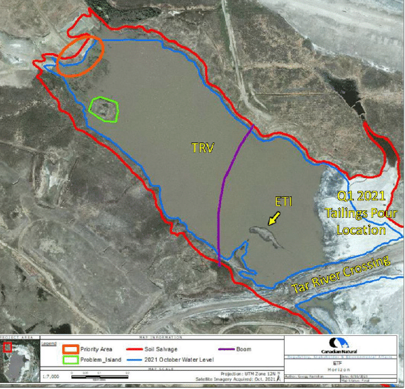 Screenshot 2025-05-13 152514 Figure 1. Map displaying the East TRV Island (ETI) where the bird landings took place. An additional island is also seen outlined in green and labelled “Problem Island”, marked by the company for removal (2021).