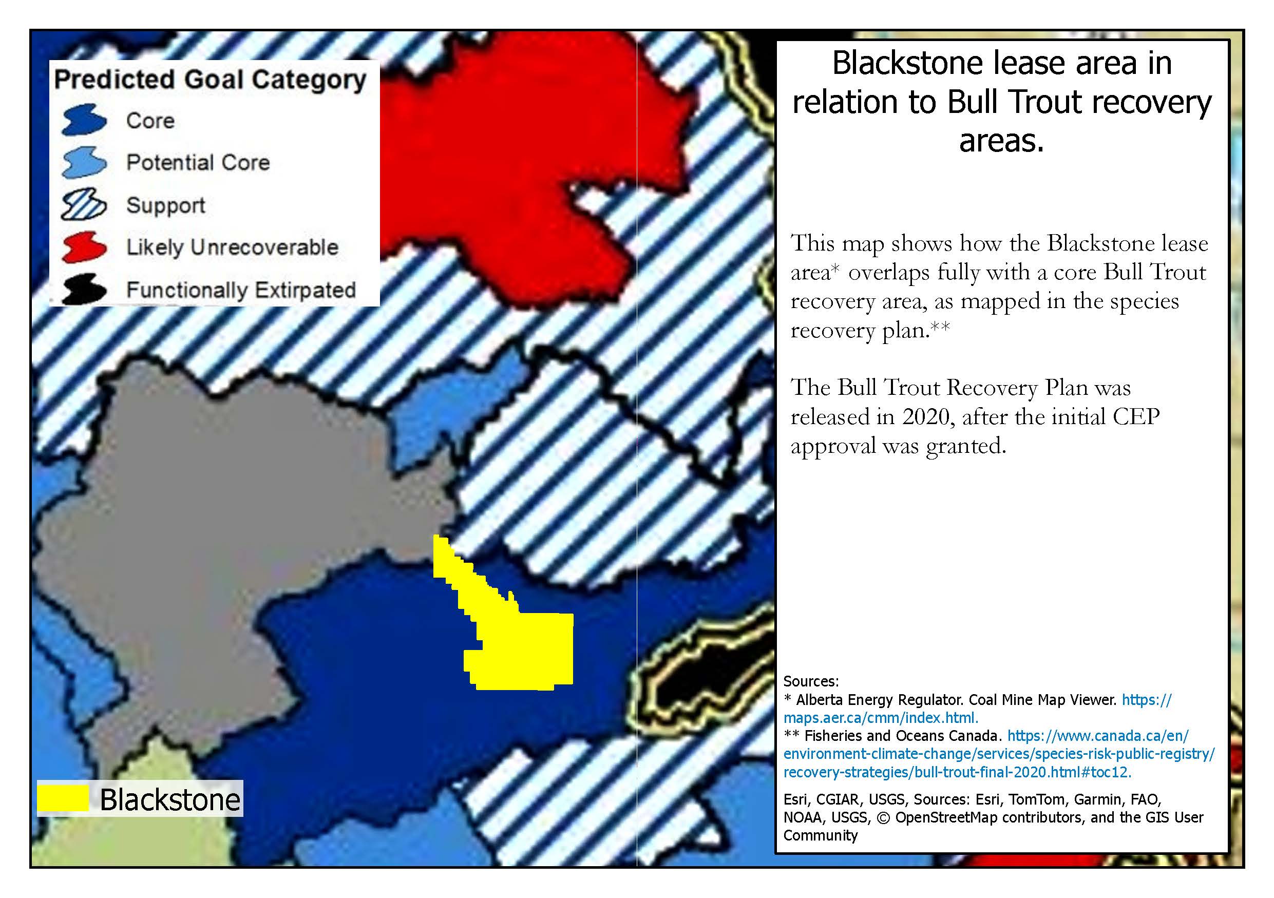 Figure 1. Overlap between Blackstone lease area and core Bull Trout recovery zone